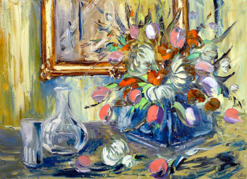 Named contemporary work « fleurs et  carafe », Made by GEBO