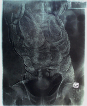 Contemporary work named « torses ( présenté dans une boîte éclairée avec un néon ) », Created by MAJO MARCHAND