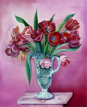 Contemporary work named « Les tulipes rouges au vase de cristal N°124 », Created by ABERNARDO