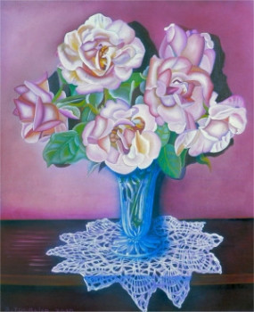 Contemporary work named « Les roses au vase de cristal N° 127 », Created by ABERNARDO