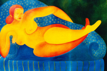 Contemporary work named « nu orange sur banquette bleu », Created by FRANçOISE COEURET