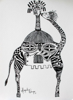 Named contemporary work « Kissing Girafes », Made by MAGULE WANGO