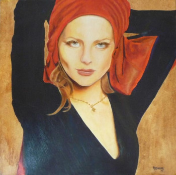 Named contemporary work « Femme au foulard Rouge », Made by JADE