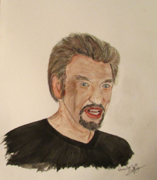 Named contemporary work « Portrait à l'aquarelle, Johnny Hallyday », Made by CHRISTINE DELFOSSE