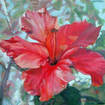 Named contemporary work « hibiscus rouge », Made by MURIEL DOLEMIEUX
