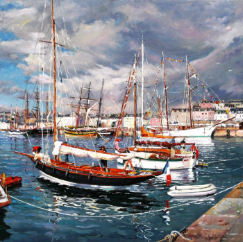 Named contemporary work « Peinture marine de Pen Duick voilier d'exception », Made by HENRI LE GOFF