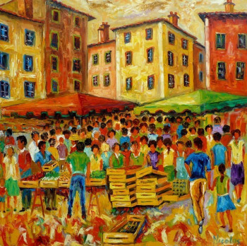 Named contemporary work « Affluence au marché », Made by BERNARD NICOLAS