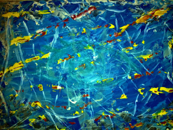 Named contemporary work « abstraction bleu jaune et rouge », Made by JOSEPHINE