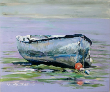 Named contemporary work « la barque à marée basse (Ile de Ré - port de Foix) », Made by MARTINE COLIN