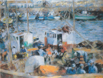 Named contemporary work « 04142 - Pêcheurs sur le quai de Saint Gilles », Made by HENRY SIMON