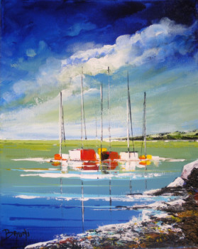 Named contemporary work « Tableau peinture : Les bateaux (14) », Made by BRUNI