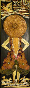 Named contemporary work « Marqueterie de paille,fleurs séchées et dentelle sur toile 20x60 (4) », Made by NIKO