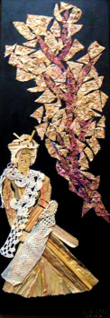 Named contemporary work « Marqueterie de paille crayon taille et dentelle sur toile 20x60 », Made by NIKO