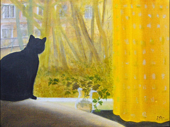 Named contemporary work « Le chat Chloé à la fenêtre », Made by JEANNINE LIBON