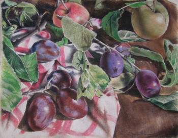 Named contemporary work « Automne, prunes, pommes », Made by JEAN-LUC CELCE