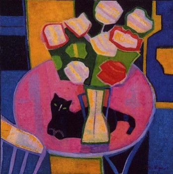 Named contemporary work « Chat au bouquet », Made by FRANCE WAGNER