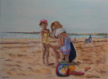 Named contemporary work « mere et filles sur la plage », Made by MICHEL FORET