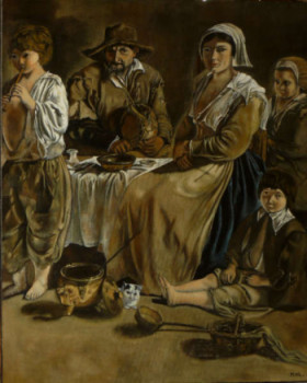 Named contemporary work « FAMILLE PAYSANNE DU XVII siècle d'après LOUIS LE NAIN », Made by MICHELINE HANRARD LADOUL MHL.