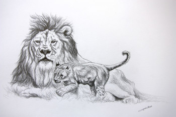 Named contemporary work « Dessin de Lion et Lionceau », Made by DE PORET JB