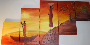 Named contemporary work « coucher de soleil africain sur 5 toiles », Made by EMILIE LONGUET