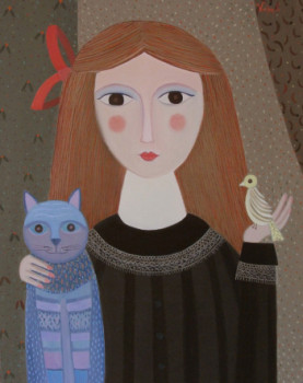 Named contemporary work « jeune fille au chat », Made by CHRISTIAN VATAN