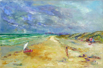 Named contemporary work « La plage à Tréguennec : parasol rouge », Made by MICHEL HAMELIN