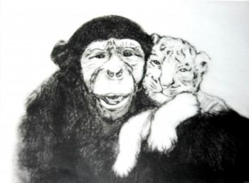 Named contemporary work « le chimpanzé et le bébé tigre », Made by MARIE-CHRISTINE RAGAIGNE