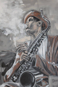 Named contemporary work « Saxophoniste peint sur toile », Made by THIERRY HERR - ARTISTE PEINTRE DECORATEUR