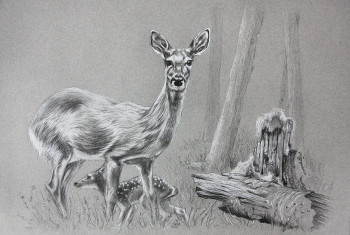 Named contemporary work « Biche et Faon », Made by DE PORET JB