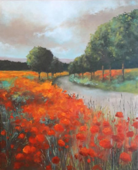 Named contemporary work « Chemin bordé de coquelicots », Made by SYLVIE PIOLI