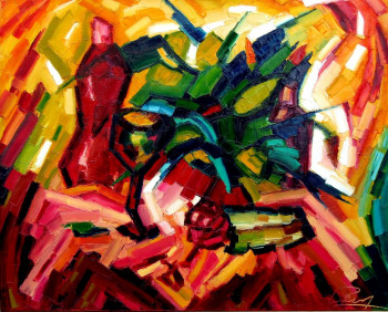 Named contemporary work « Nature morte à la bouteille rouge », Made by LILIANE PENIN