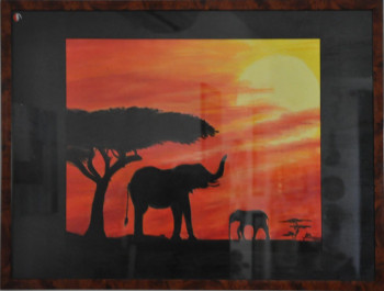 Named contemporary work « les elephants dans le couché de soleil de la savane », Made by AMANDINE RENAUD