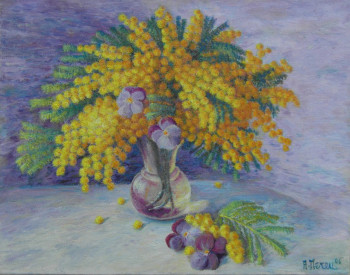 Named contemporary work « Petit bouquet de mimosas avec pensées », Made by AMALIA MEREU