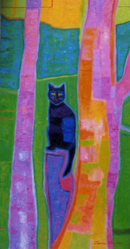 Named contemporary work « Chat noir au jardin », Made by FRANCE WAGNER