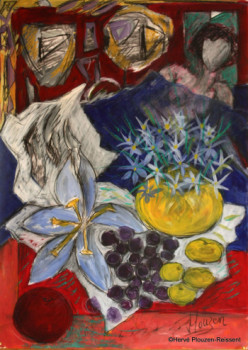 Named contemporary work « femme et fleur bleue », Made by HERVé PLOUZEN