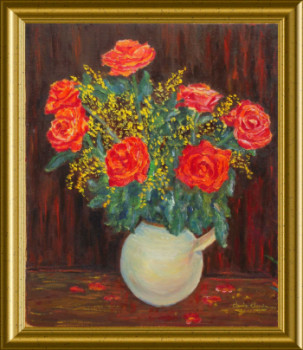 Named contemporary work « Roses et mimosa   46x33 huile sur toile », Made by ARTOIS