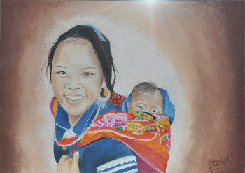 Named contemporary work « jeune femme vietnamienne portant son enfant », Made by AMANDINE RENAUD