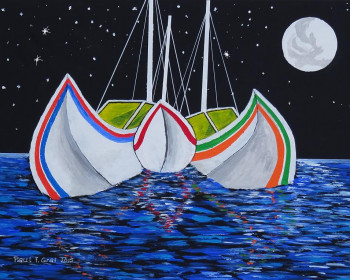 Named contemporary work « Boat and full moon   », Made by PAUL F. GRAF