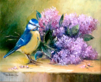 Named contemporary work « Mésange et lilas », Made by CHRISPAINT FLOWERS