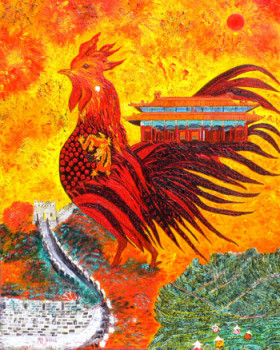 Named contemporary work « VOYAGE DU COQ EN CHINE SOUS UN FEU D'ARTIFICE », Made by MARIE-FRANCE BUSSET