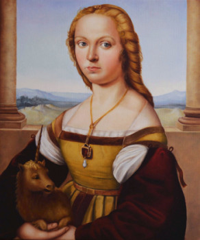 Named contemporary work « Young Woman with Unicorn, from Raphael », Made by RIKUSHA