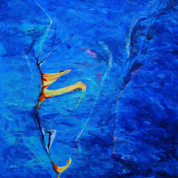 Named contemporary work « Touches jaunes sur fond bleu », Made by VéBERT