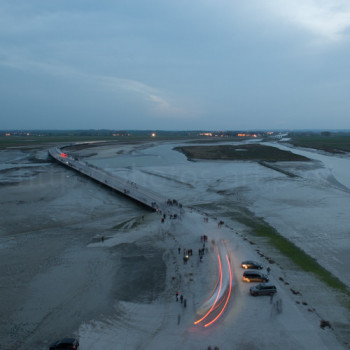 Named contemporary work « Bridge of the Mont-Saint Michel by night 2/3 », Made by NICOLAS PORTAIS