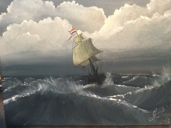 Named contemporary work « Voilier hollandais dans la tempête  », Made by L.DT