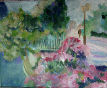 Named contemporary work « lac et fleurs roses », Made by MIREILLE BREGOU