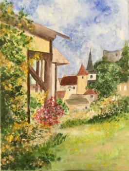 Named contemporary work « Le château et le prieure de mon village bourguignon », Made by PATRICIA DELEY