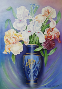 Named contemporary work « Les Iris au vase de LIMOGE », Made by ABERNARDO