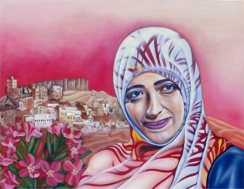 Named contemporary work « Des lauriers roses pour TAWAKKOL KARMAN (Yemen) Prix Nobel de la paix en 2011 », Made by ABERNARDO