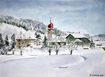 Named contemporary work « Village du Jura sous la neige », Made by PHILIPPE ETIENNE