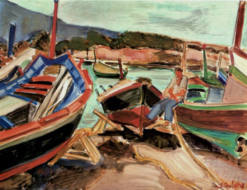 Named contemporary work « Pêcheur et barques-Algérie », Made by JEAN CHABOT